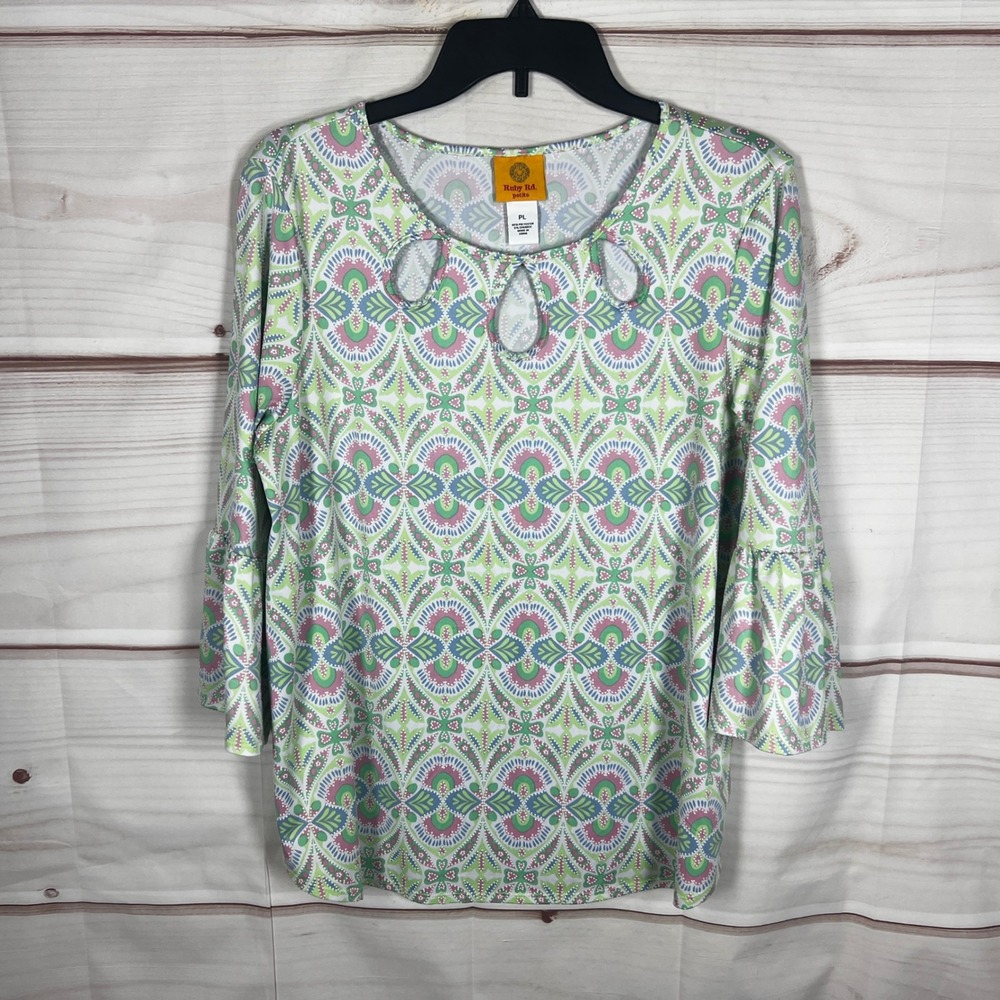 Ruby Rd. Keyhole Neck Top Womens PL Green Multi Medallion Bell Sleeve Blouse Art